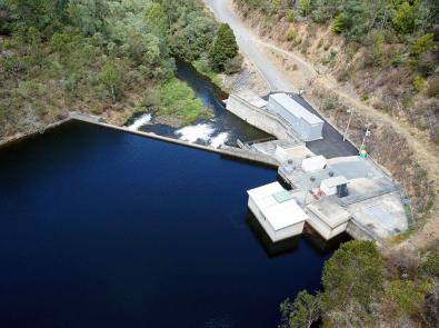 Aerial view of hydroelectricity power station at Thomson Reservoir