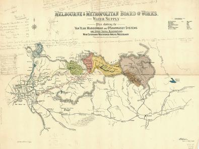 Water supply plan in the 1920s showing the Yan Yean, Maroondah and O'Shannassy systems