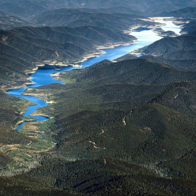 Aerial view of Thomson Reservoir and surrounding forested catchment area