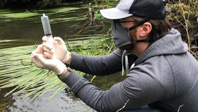 Man wearing face mask collects eDNA sample by a river