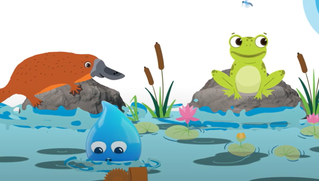 Animated platypus and frog in a pond representing a clean water environment.