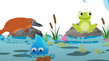 Animated platypus and frog in a pond representing a clean water environment.