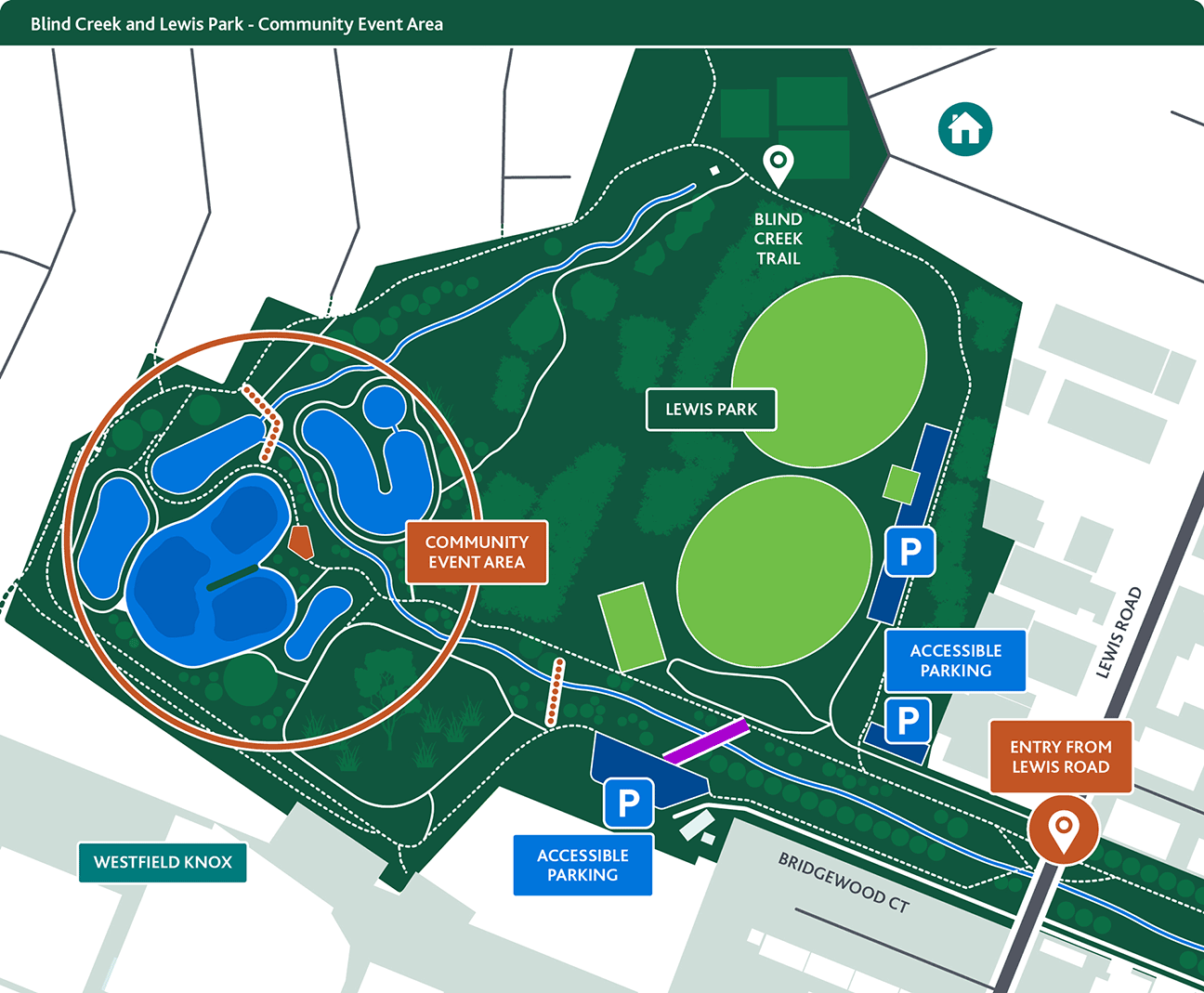 Map of community event area in the wetlands at Lewis Park. Entry from Lewis Road; accessible parking to the north and south of the creek.