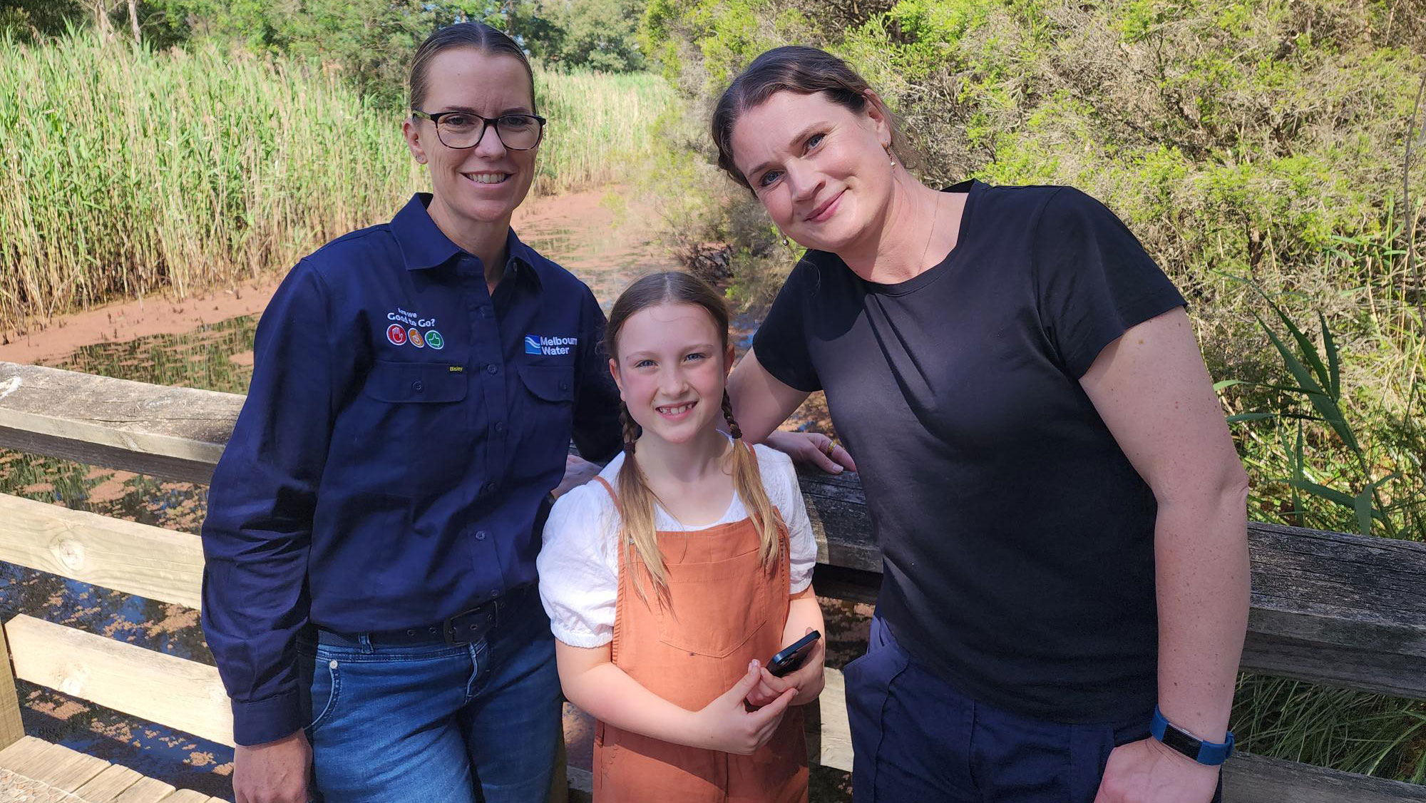 Leesa Riley (Melbourne Water Program Lead Community Connections), Alice Dutton and her mother, Jess.