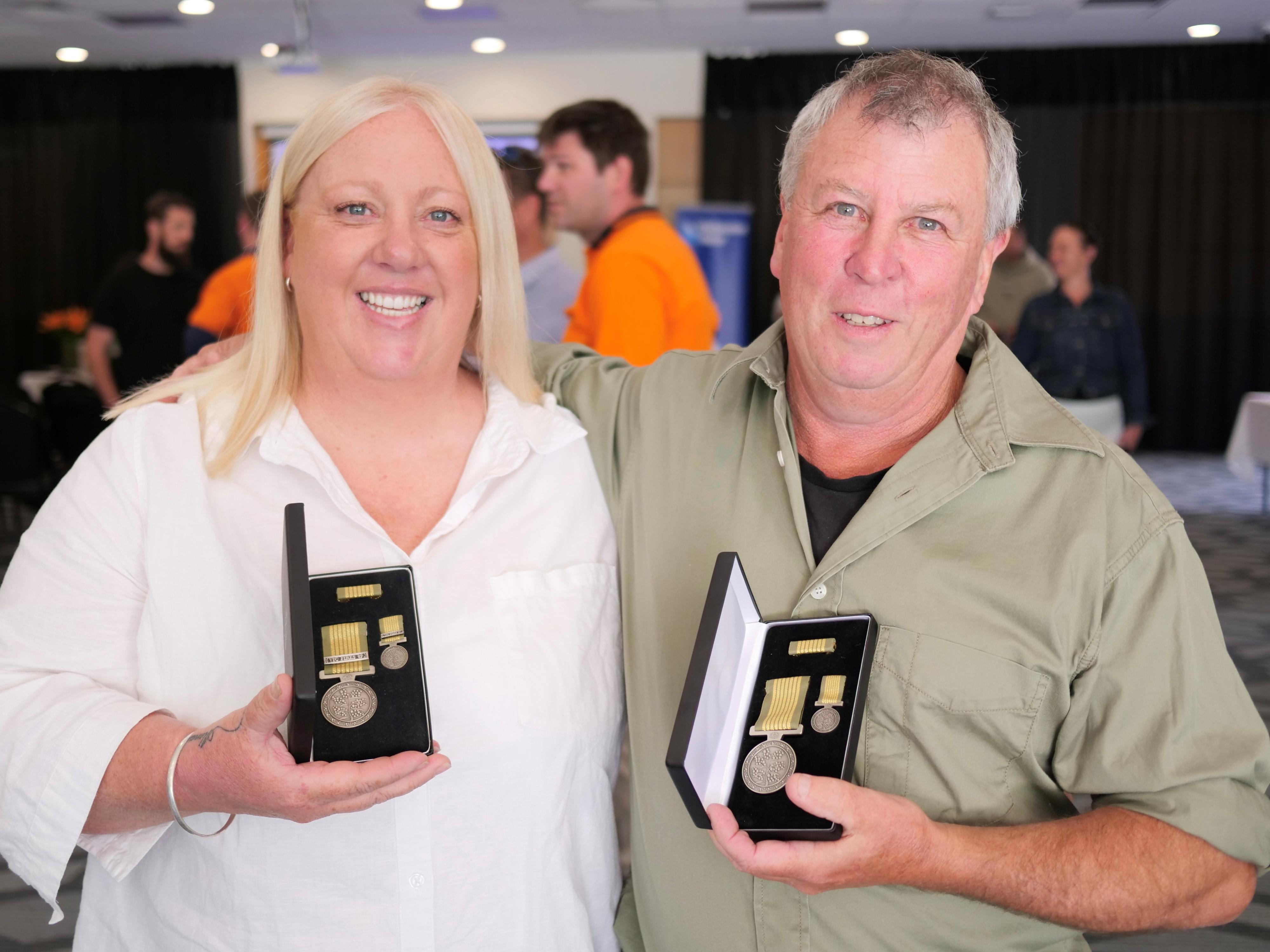 Melbourne Water National Emergency Medal recipients (L-R) Renelle Verkes and Nick Garden