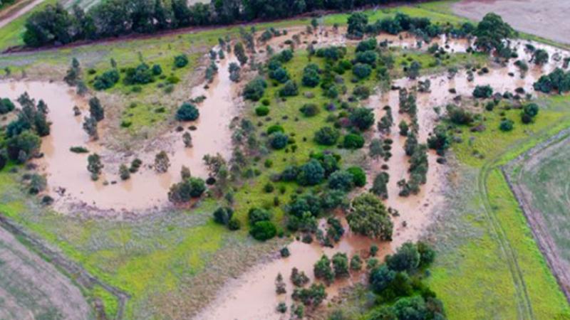 Flooded river winds through agricultural land