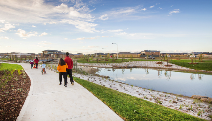 A group of people walk along a path next to wetlands, with houses in the background.