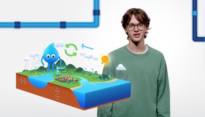 Image of a land slice and a person explaining the story of water. They are wearing glasses and a green sweatshirt