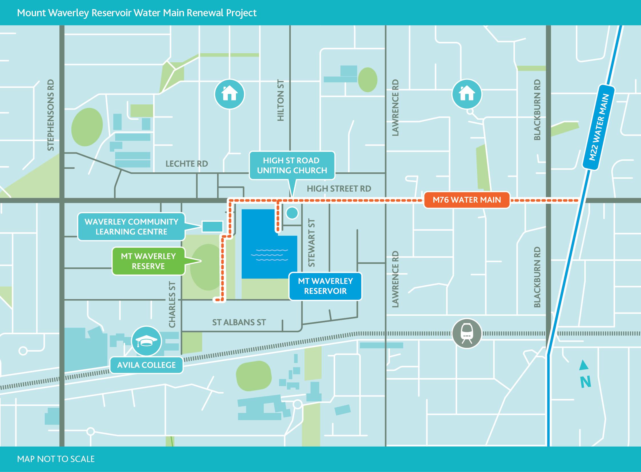 Mount Waverley water main renewal project alignment on High St Rd from Blackburne Rd to Mount Waverley Reserve