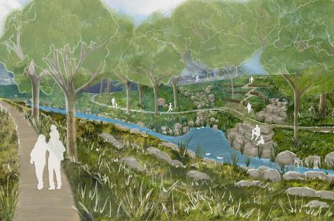 Artist's illustration of Moonee Ponds Creek with a pond at Oak Park, naturalised waterway, terraces and daylighting of the drain. 