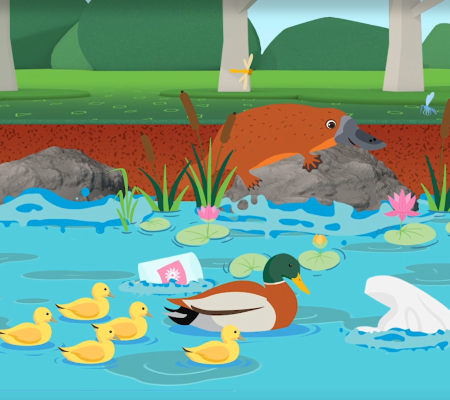 Duck and platypus in waterway with rubbish illustration