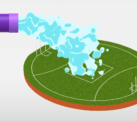 Football ground watered by purple pipe illustration