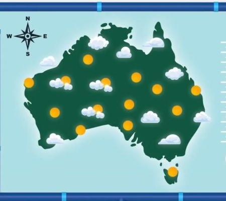 Map of Australia with clouds and suns illustration