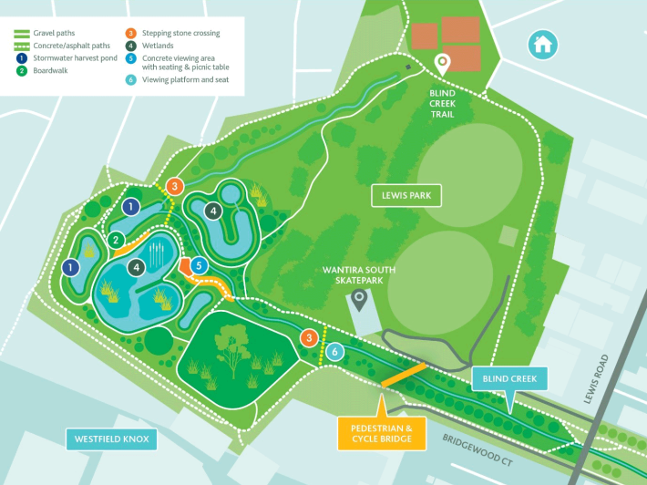 Map of key amenities at Blind Creek and Lewis Park, including bridge over the creek, paths, boardwalk, viewing area and stepping stone crossing.