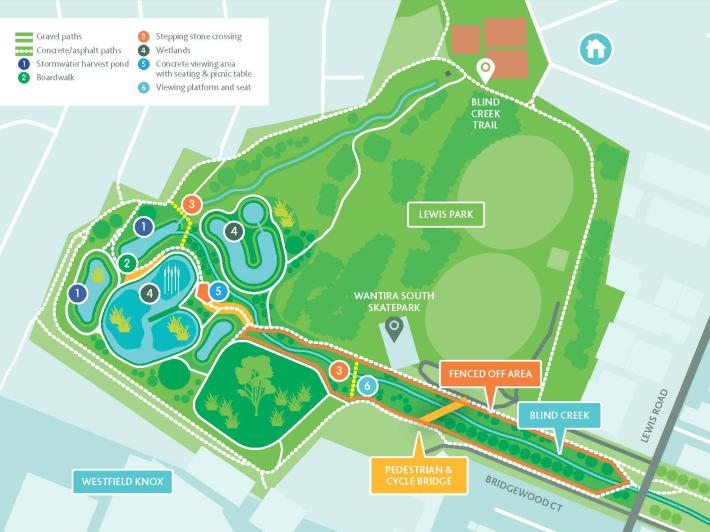 Map of key features and amenities of Blind Creek - Lewis Park.