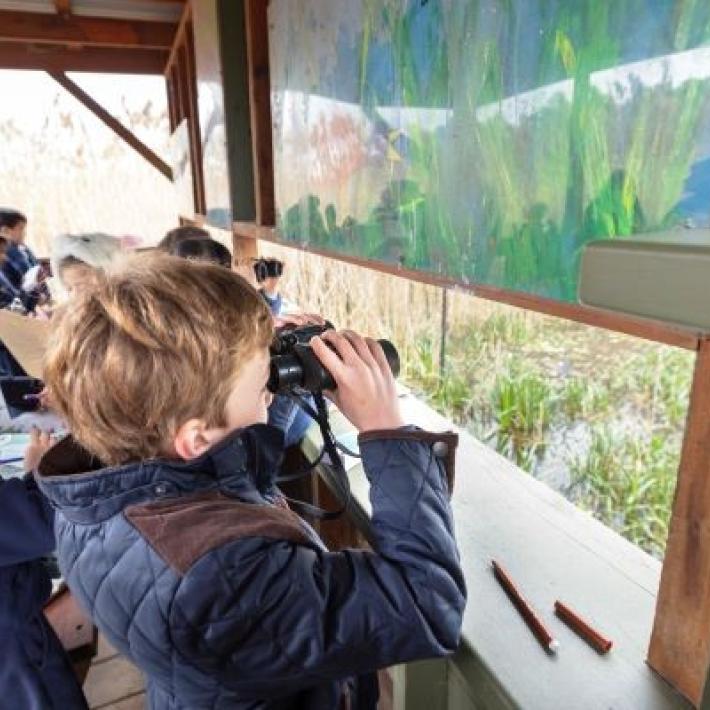 ESWEC bird hide young student with binoculars