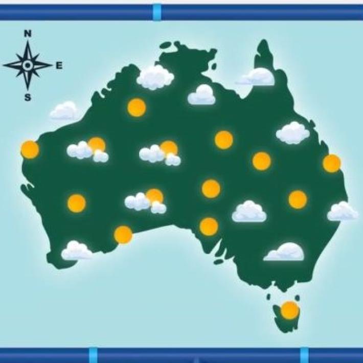 Map of Australia with clouds and suns illustration