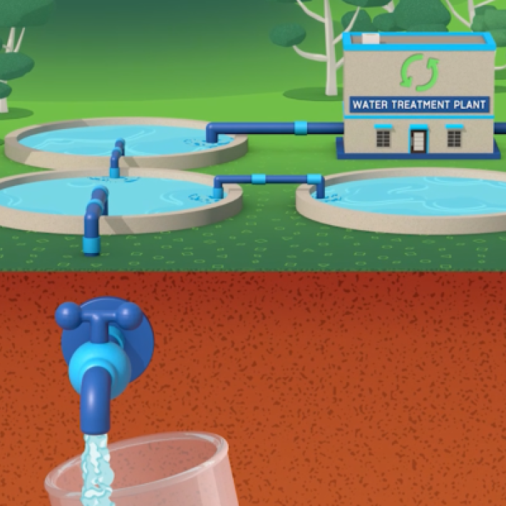 Water treatment plant and giant tap illustration