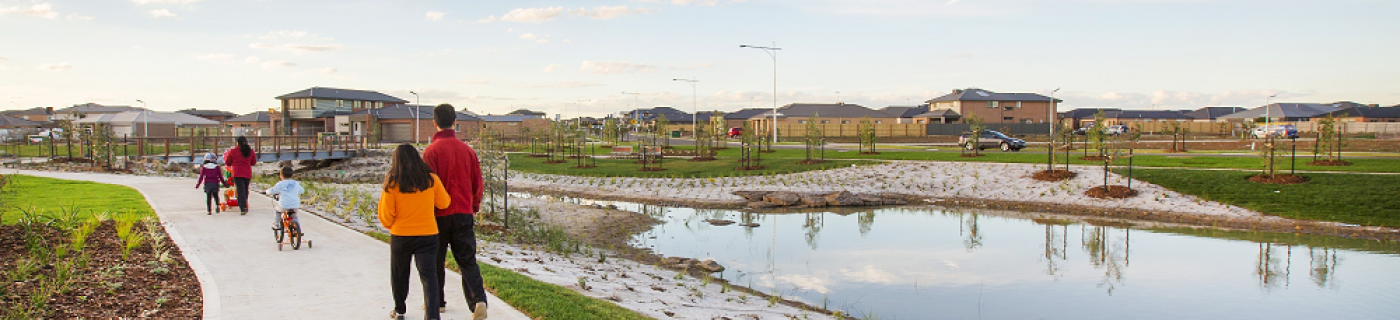 A group of people walk along a path next to wetlands, with houses in the background.