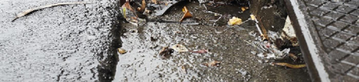 Rubbish collected in a street gutter near a stormwater drain