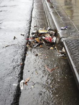 Litter captured in rainy street gutter.