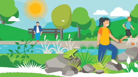 Illustration of people walking, cycling and exporting a creek