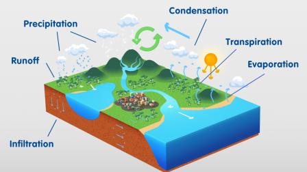 The story of water - land slice showcasing water infiltration, runoff, precipitation, condensation, transpiration and evaporation
