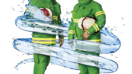 Woman and man in firefighting gear with water swirling around them